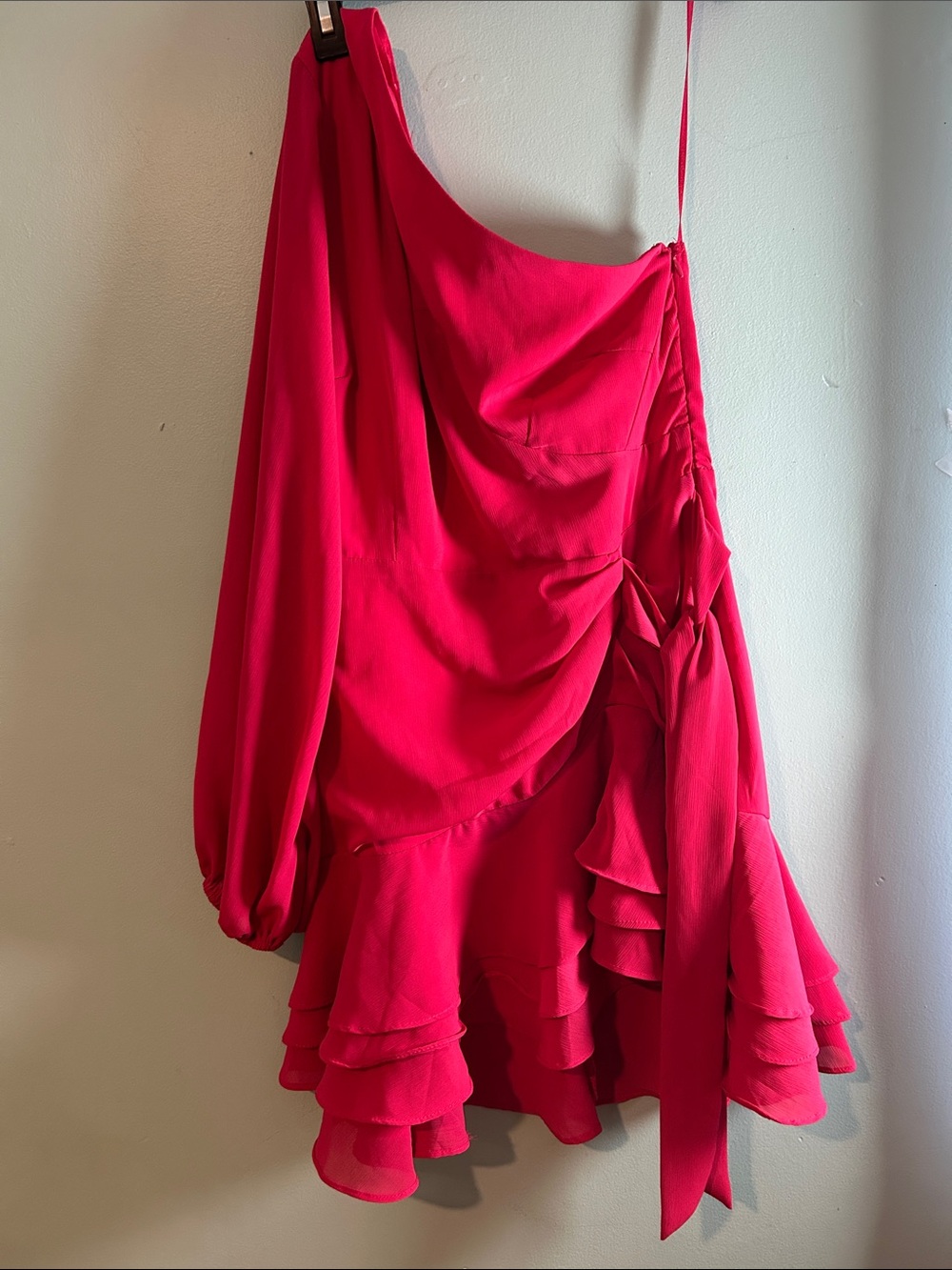 One-Shoulder Ruffle Mini Dress - Bright Fuchsia